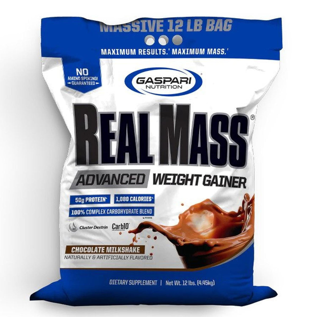 Gaspari Nutrition Real Mass Advanced 12 lb Chocolate sobre fondo blanco