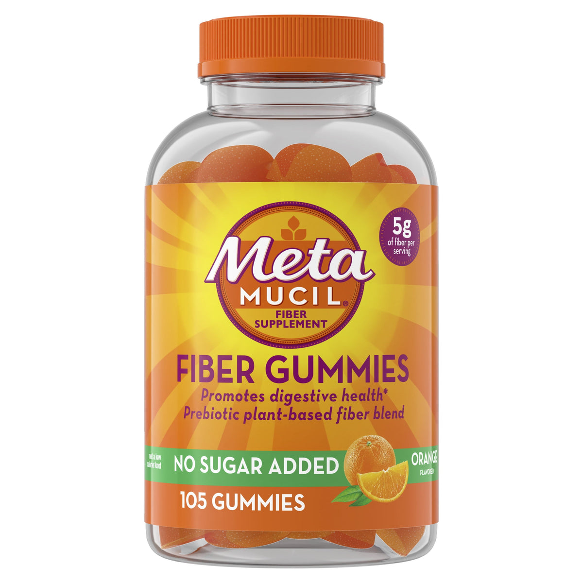 Metamucil Fiber Gummies 105 gummies sobre fondo blanco