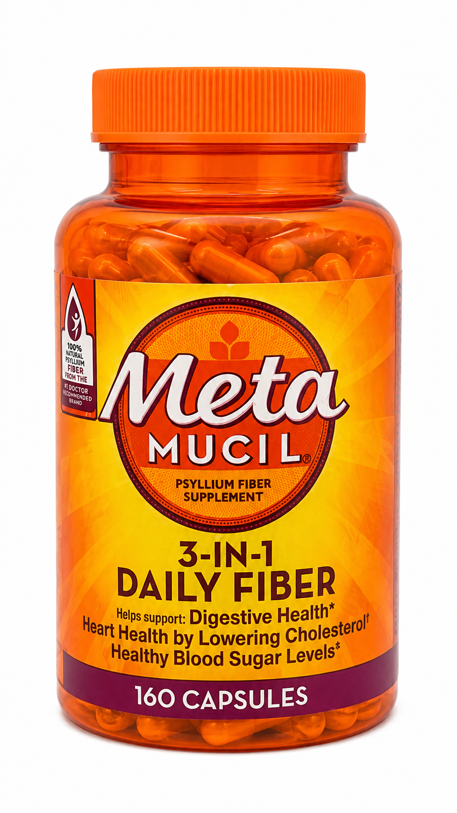 Metamucil 3-in-1 Daily Fiber Psyllium, 160 cápsulas