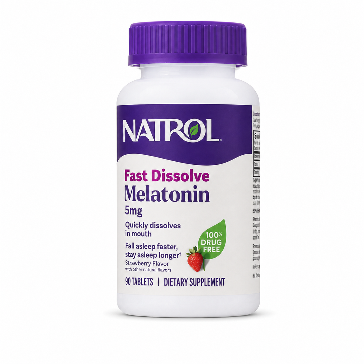 Natrol Fast Dissolve Melatonin 5 mg Strawberry sobre fondo blanco
