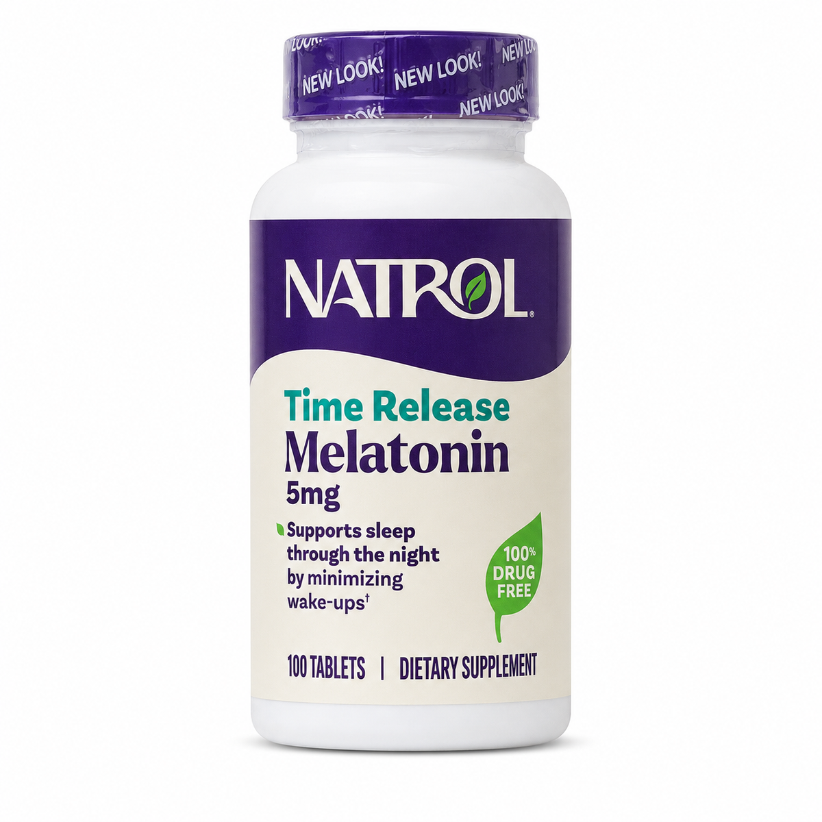 Natrol Time Release Melatonin 5 mg 100 tablets sobre fondo blanco