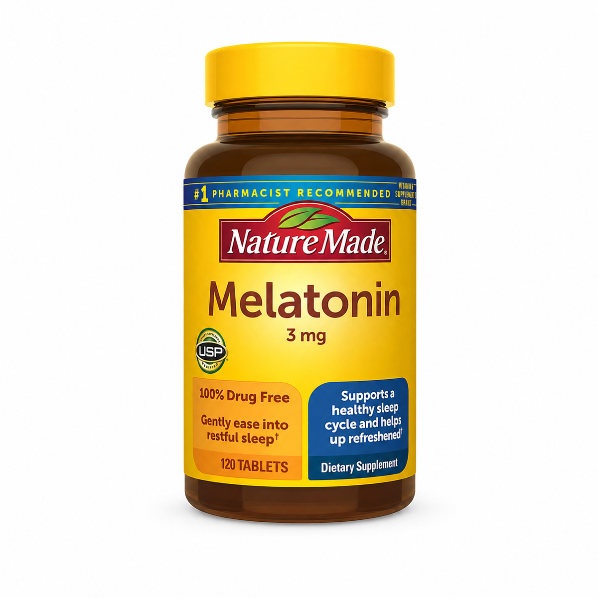 Nature Made Melatonin 3 mg 120 tablets sobre fondo blanco