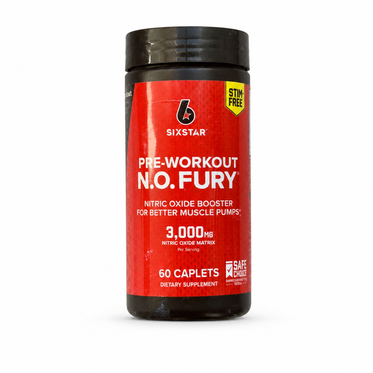 Six Star Pre-Workout N.O. Fury Stim-Free 60 caplets sobre fondo blanco