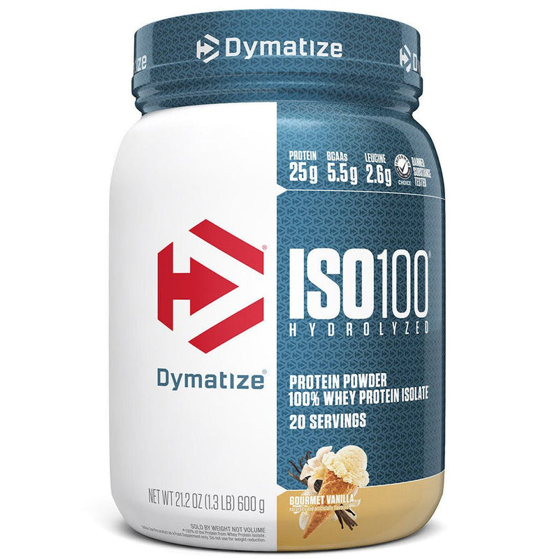 Dymatize ISO100 Hydrolyzed Gourmet Vanilla 20 servicios sobre fondo blanco