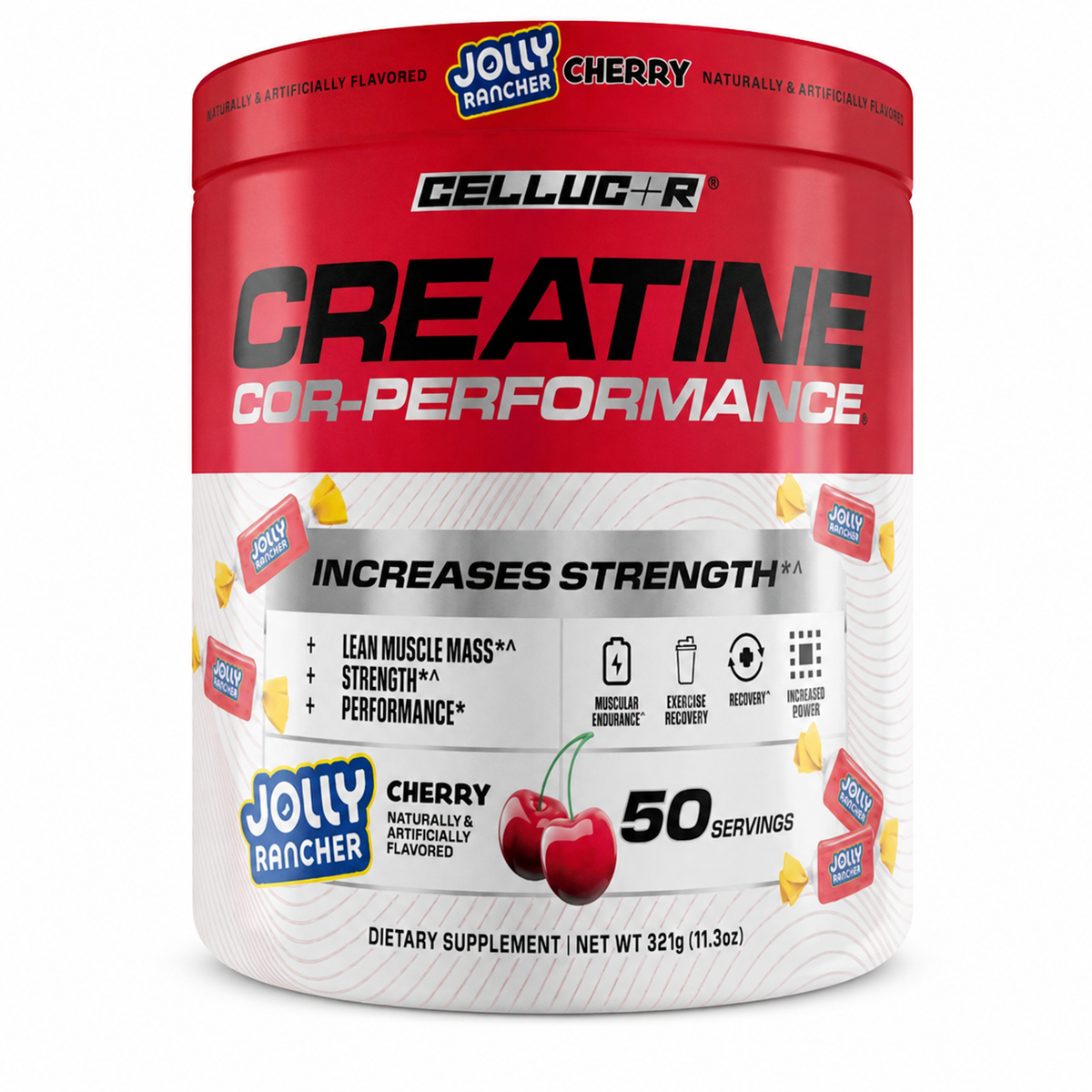 Cellucor Creatine COR-Performance Jolly Rancher Cherry sobre fondo blanco