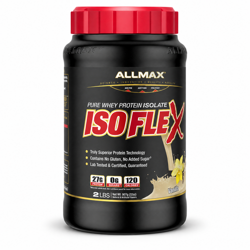 ALLMAX ISOFLEX Pure Whey Protein Isolate — Vanilla 2 lb sobre fondo blanco