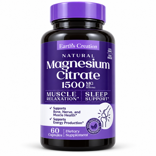 Earth's Creation Magnesium Citrate 1500 mg 60 cápsulas sobre fondo blanco