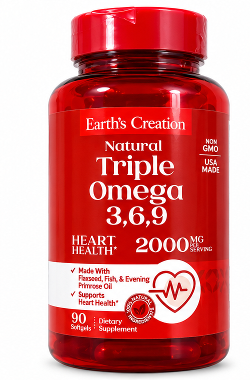 Earth's Creation Natural Triple Omega 3,6,9 2000 mg 90 softgels sobre fondo blanco