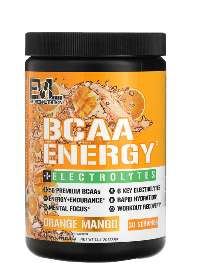 EVL BCAA Energy + Electrolytes — Orange Mango sobre fondo blanco