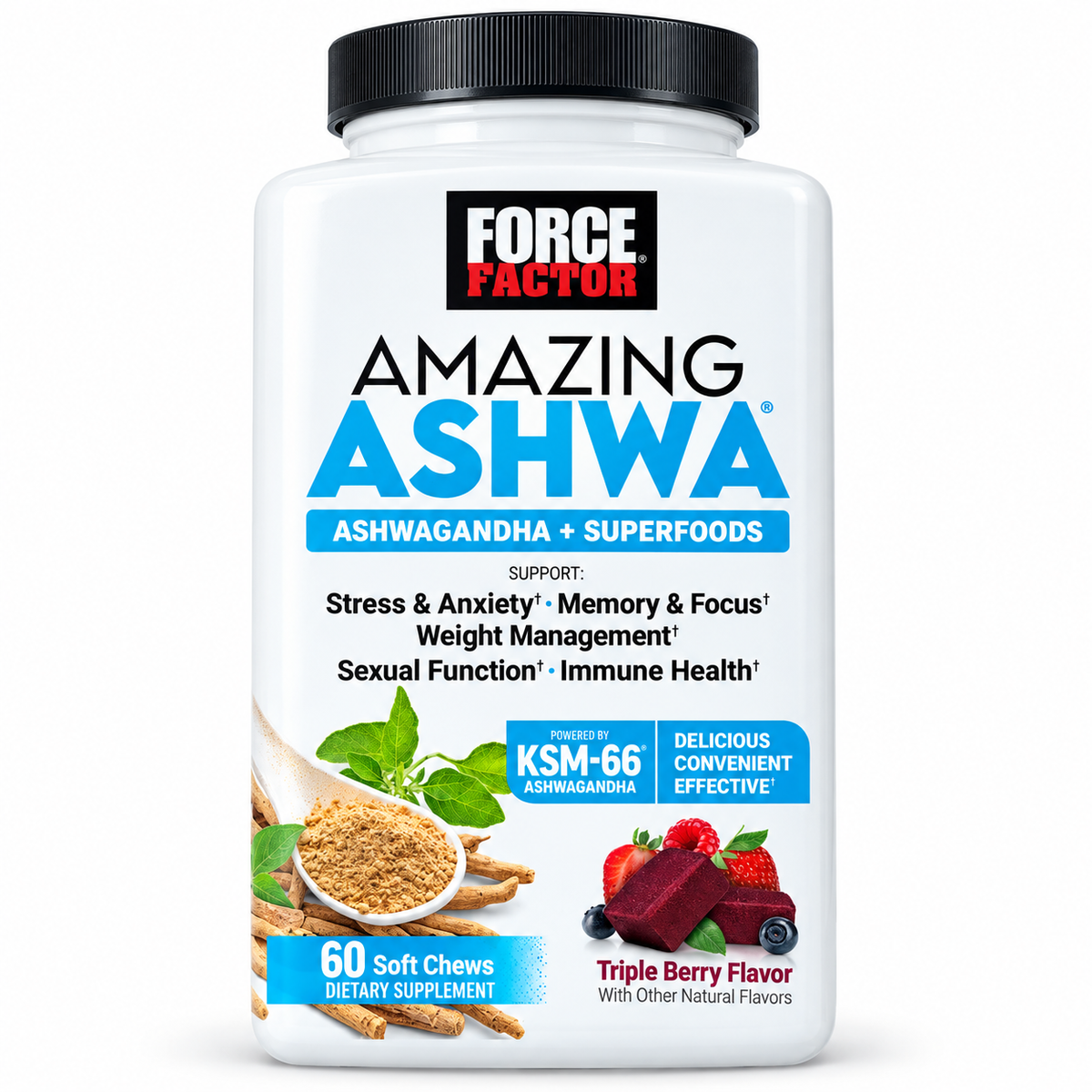 Force Factor Amazing Ashwa Ashwagandha + Superfoods Triple Berry 60 Soft Chews