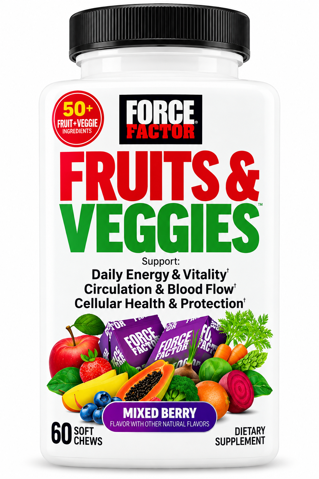 Force Factor Fruits & Veggies Mixed Berry 60 Soft Chews