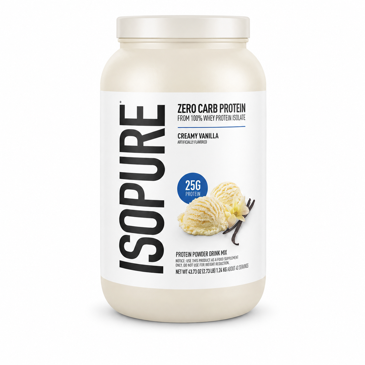 Isopure Zero Carb Protein — Creamy Vanilla 2.73 lb sobre fondo blanco