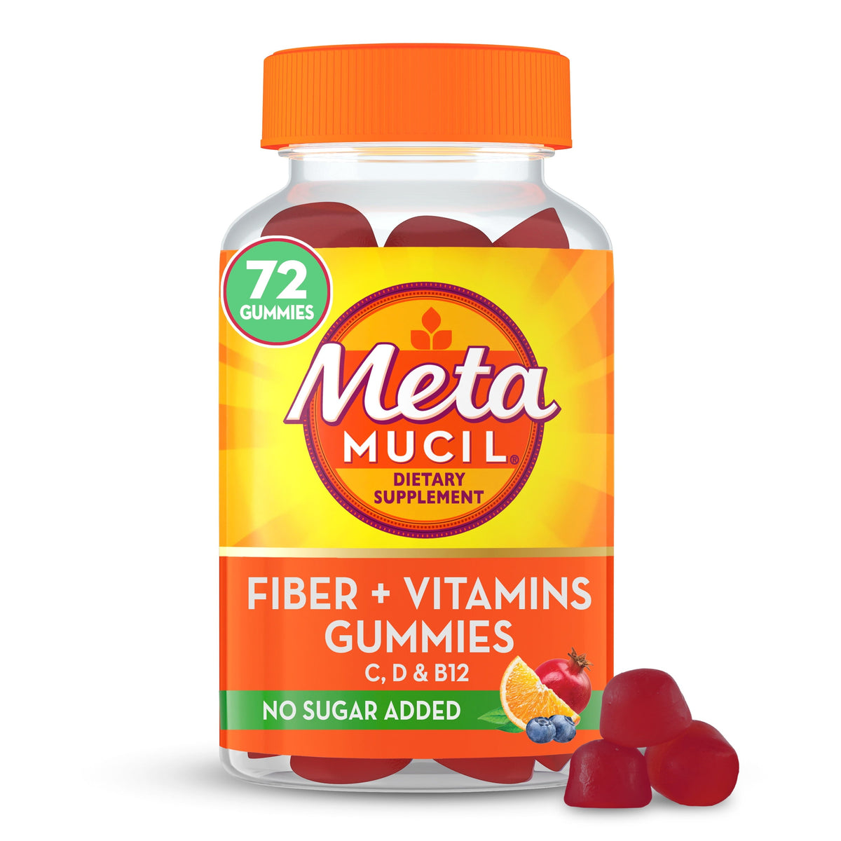 Metamucil Fiber + Vitamins C, D y B12, 72 gummies sobre fondo blanco