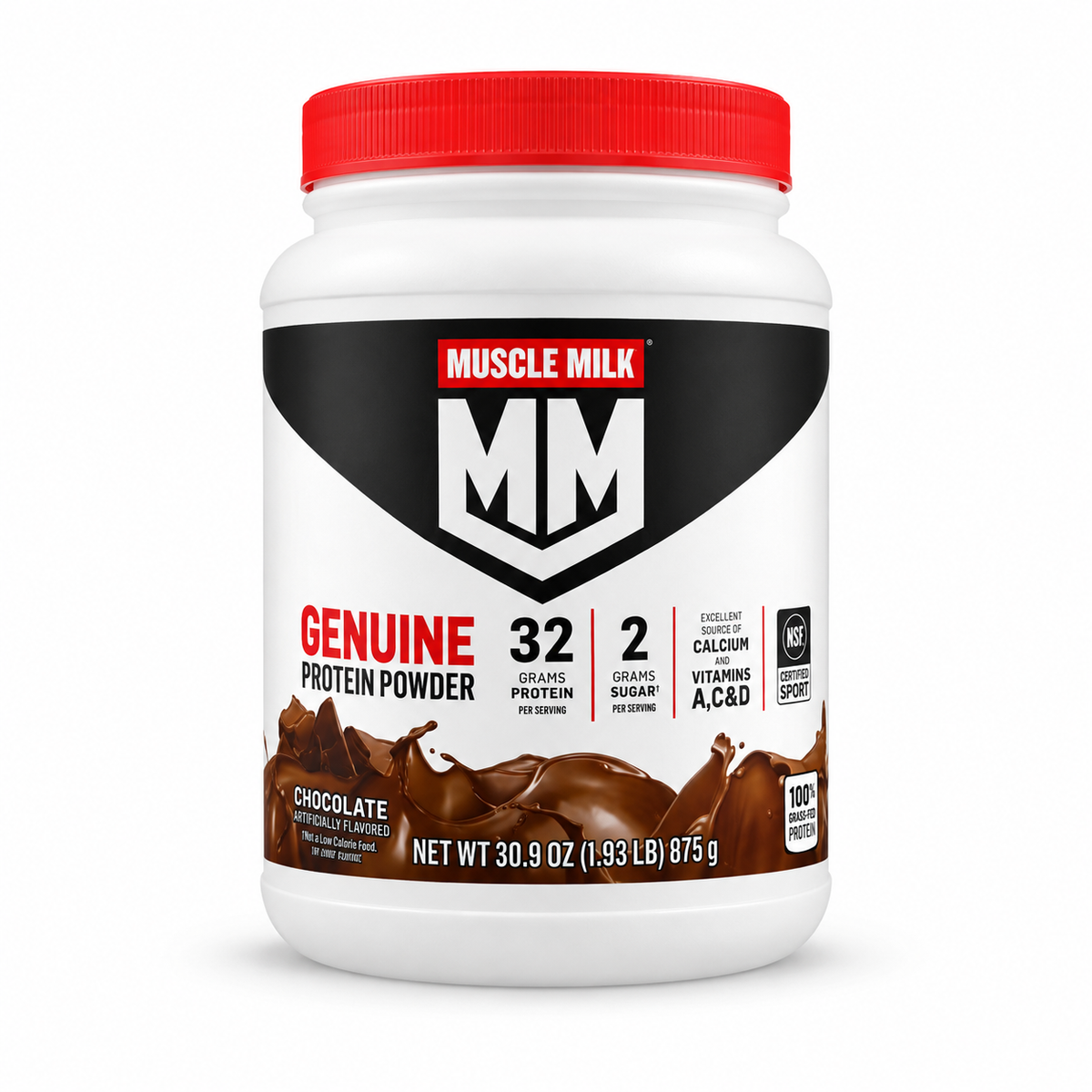 Muscle Milk Genuine Chocolate sobre fondo blanco