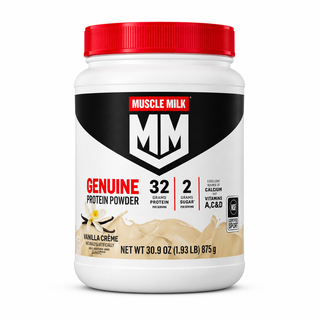 Muscle Milk Genuine Vanilla Creme sobre fondo blanco