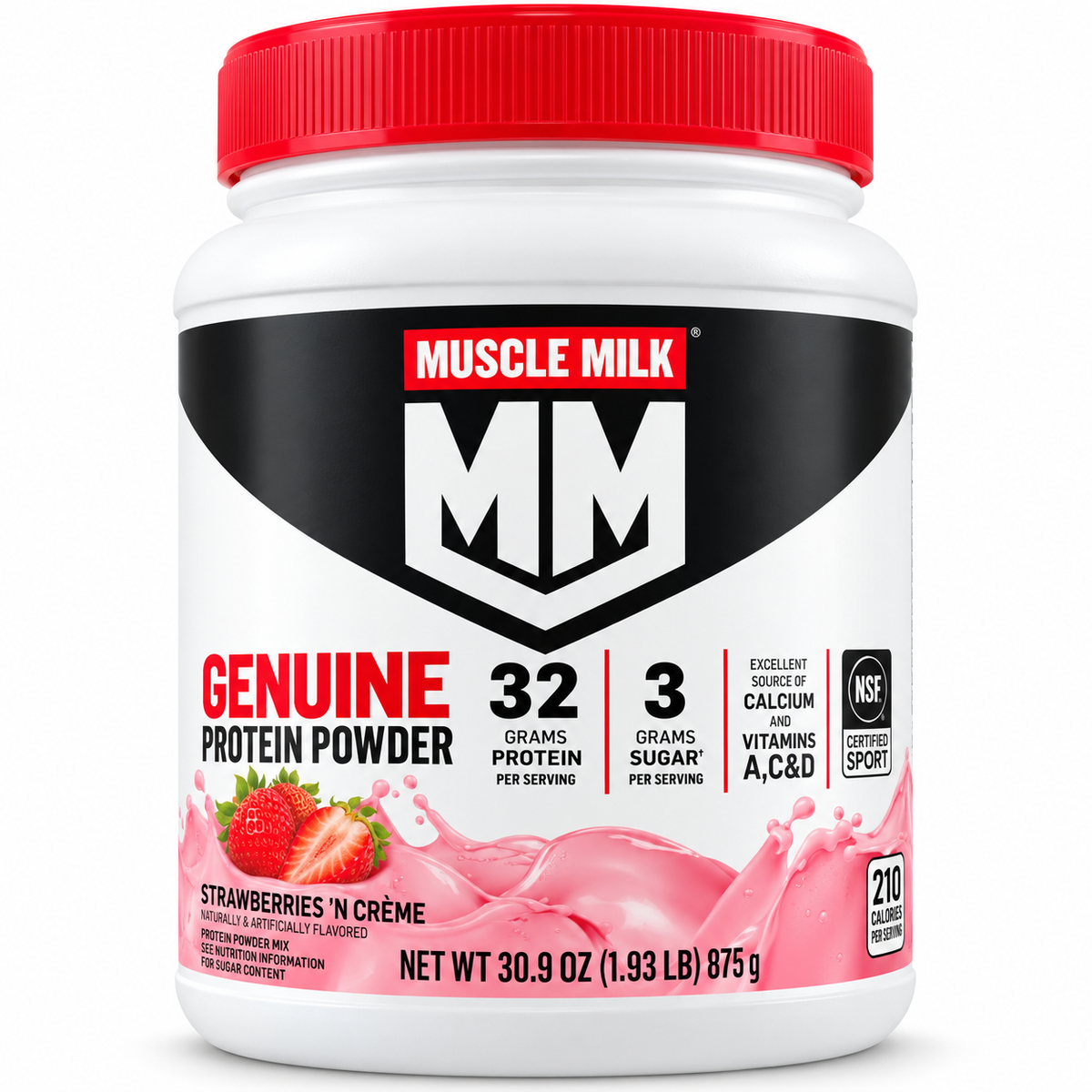 Muscle Milk Genuine Protein Powder Strawberries 'N Crème 30.9 oz fondo blanco