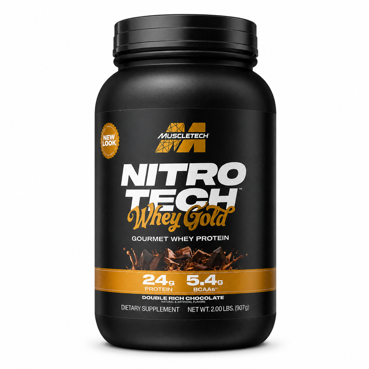 Nitro-Tech Whey Gold Double Rich Chocolate sobre fondo blanco
