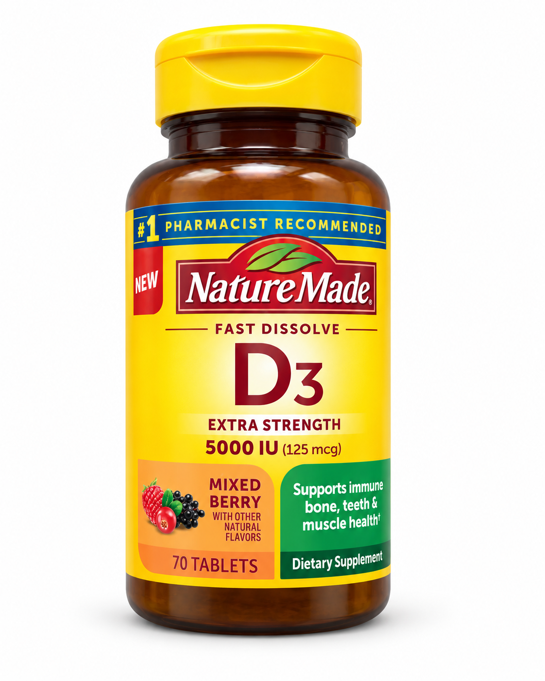 Nature Made Fast Dissolve D3 Extra Strength 5000 IU Mixed Berry 70 Tablets