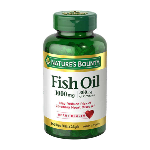 Nature's Bounty Fish Oil 1000 mg, 145 softgels sobre fondo blanco