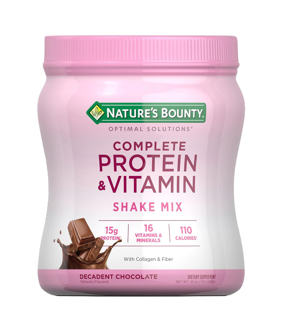 Nature's Bounty Complete Protein & Vitamin Shake Mix — Decadent Chocolate sobre fondo blanco