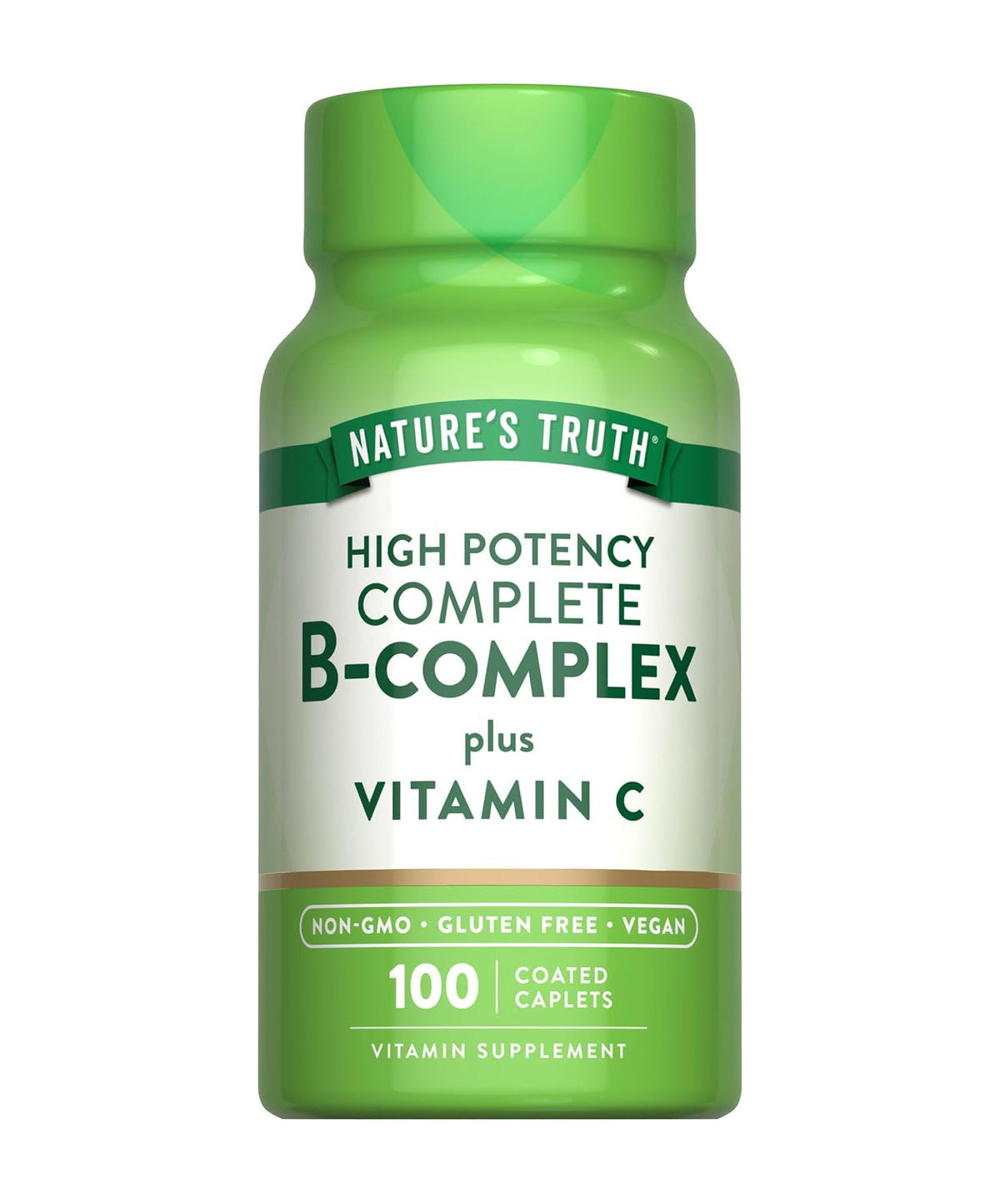 Nature's Truth Complete B-Complex + Vitamin C, 100 caplets sobre fondo blanco