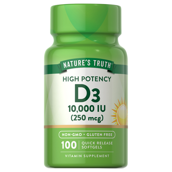 Nature's Truth High Potency D3 10,000 IU, 100 softgels sobre fondo blanco
