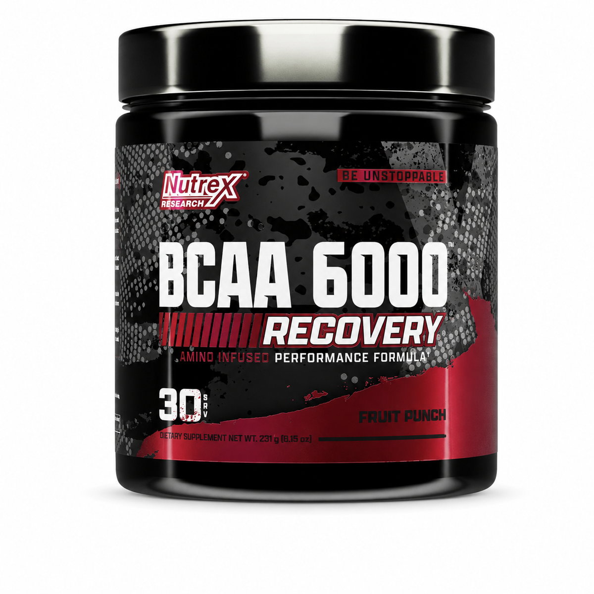 Nutrex BCAA 6000 Recovery — Fruit Punch sobre fondo blanco