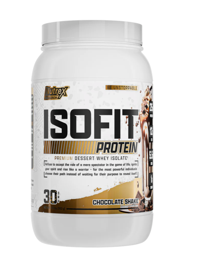 Nutrex ISOFIT Protein — Chocolate Shake sobre fondo blanco