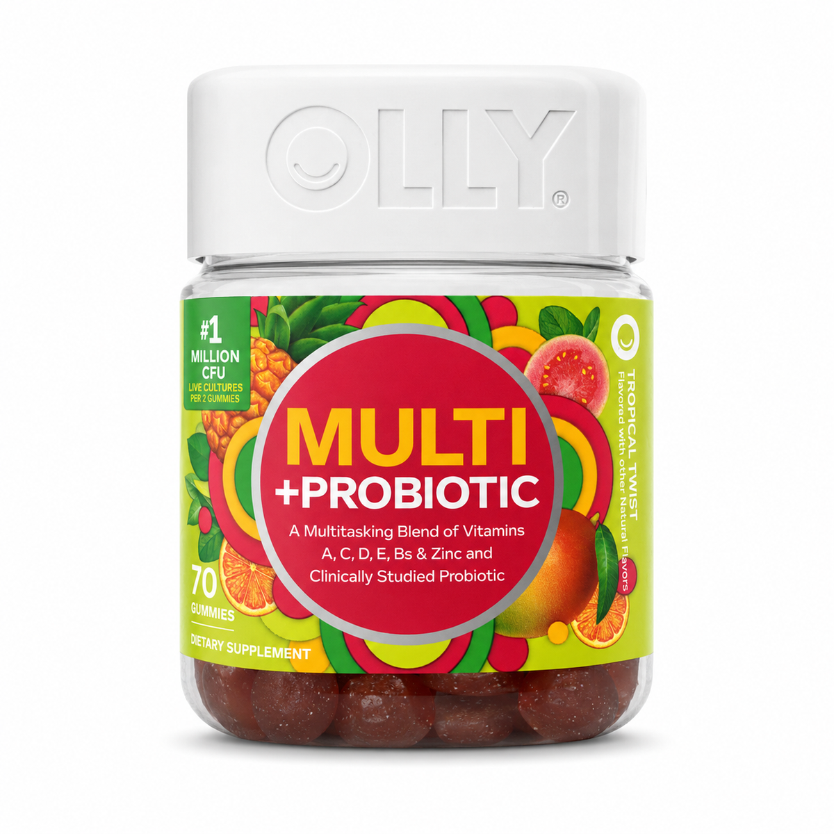 OLLY Multi + Probiotic — Tropical Twist sobre fondo blanco