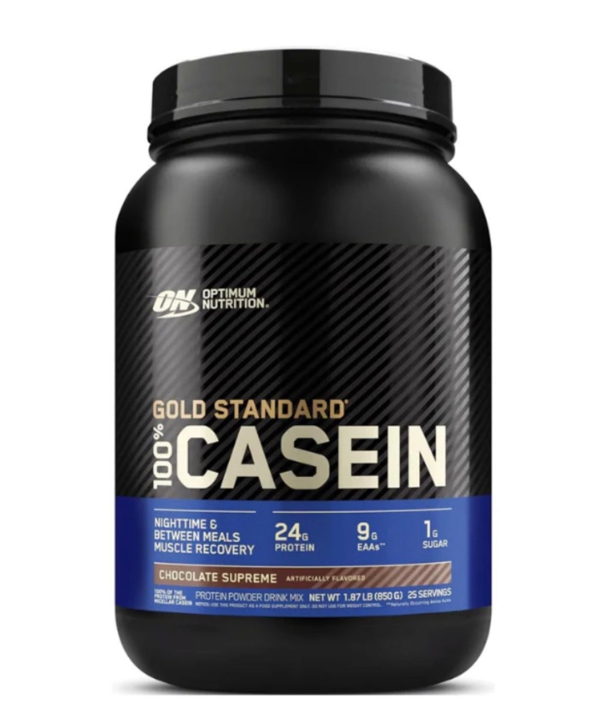 Optimum Nutrition Gold Standard Casein — Chocolate Supreme sobre fondo blanco
