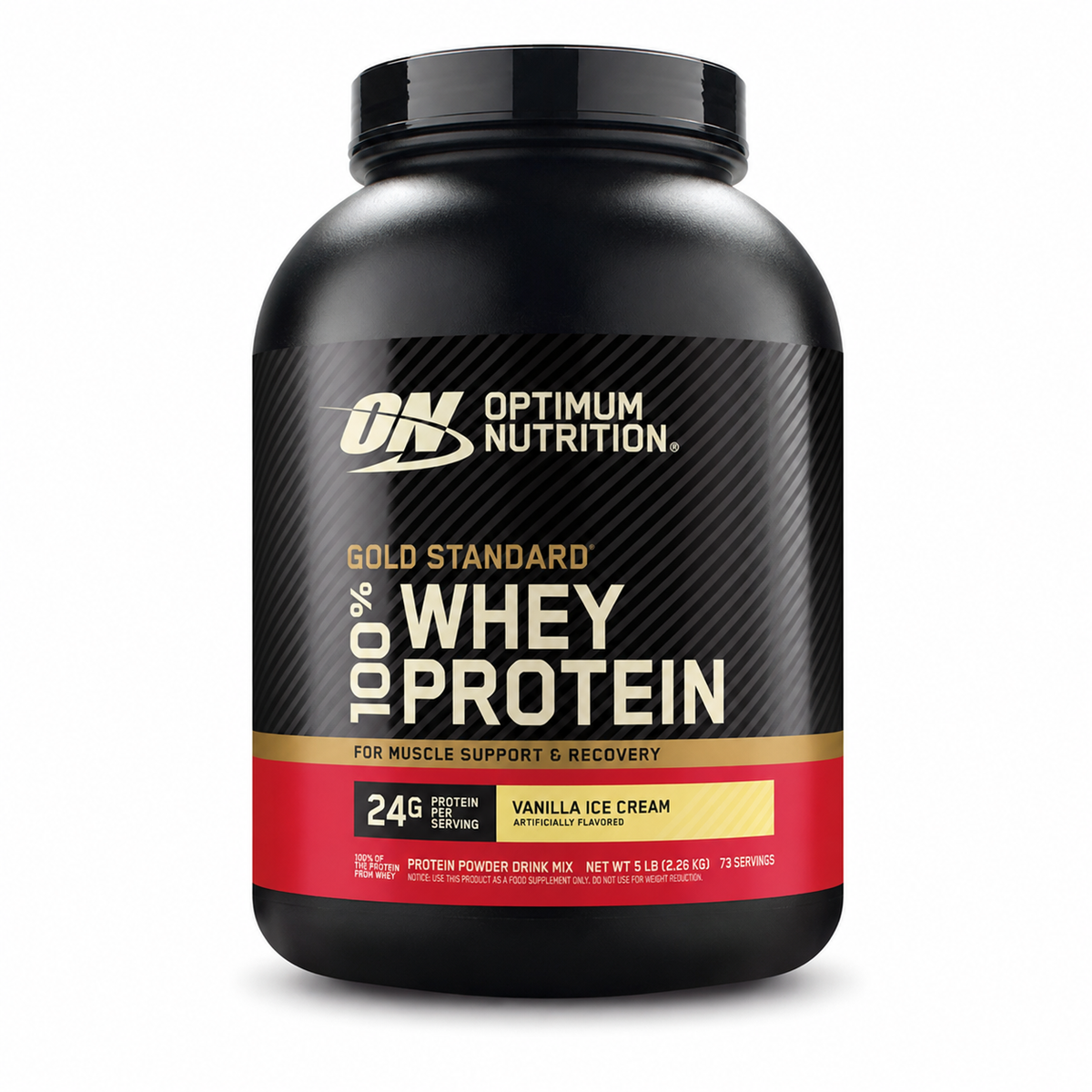 Optimum Nutrition Gold Standard 100% Whey — Vanilla Ice Cream 5 lb sobre fondo blanco