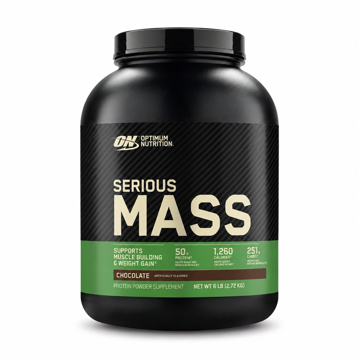 Optimum Nutrition Serious Mass — Chocolate 6 lb sobre fondo blanco
