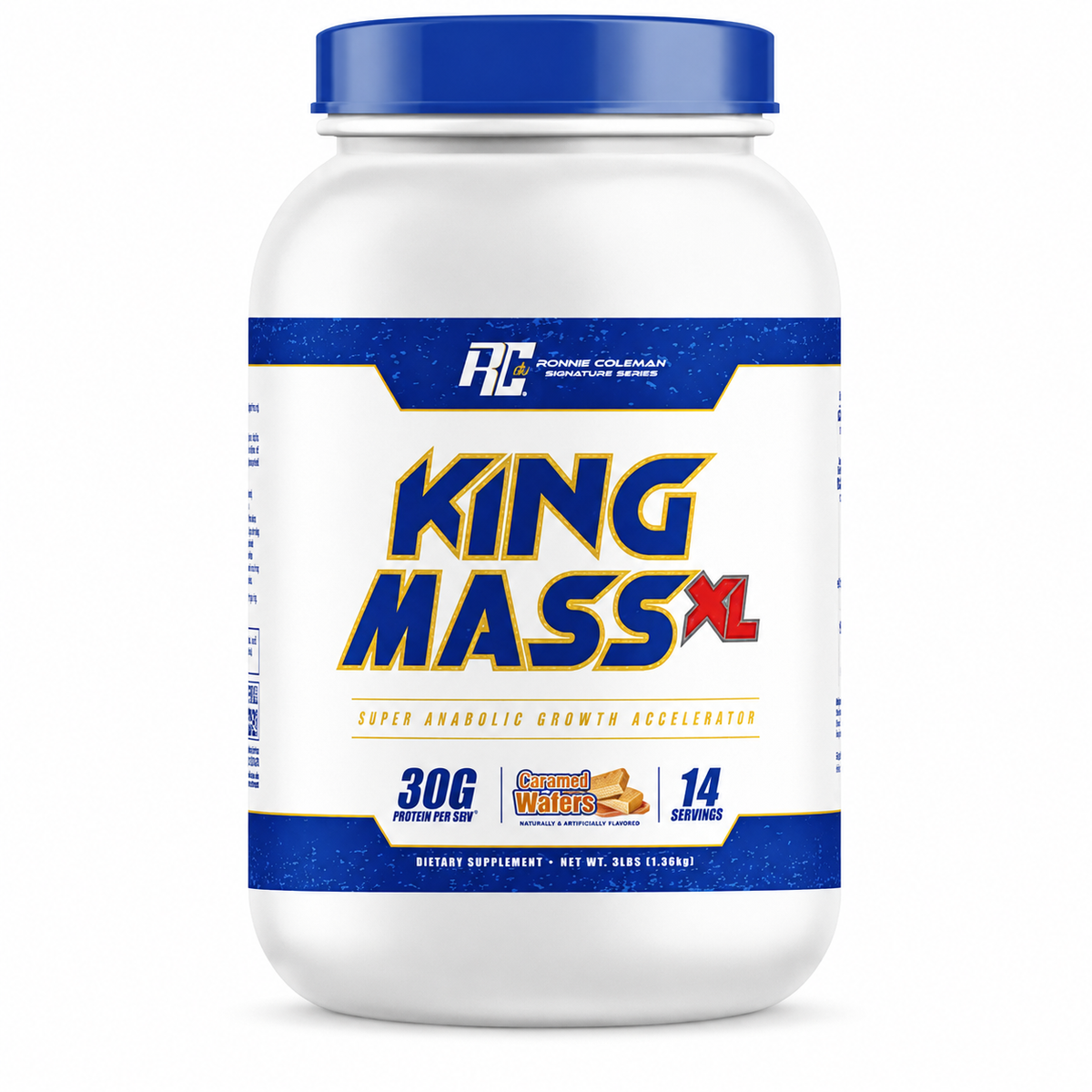 Ronnie Coleman King Mass XL — Caramel Wafers sobre fondo blanco
