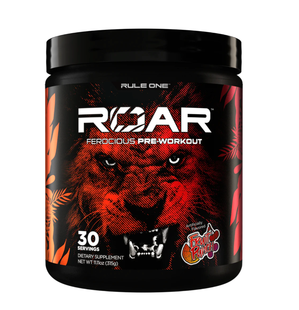 Rule One ROAR Pre-Workout — Fruit Punch sobre fondo blanco