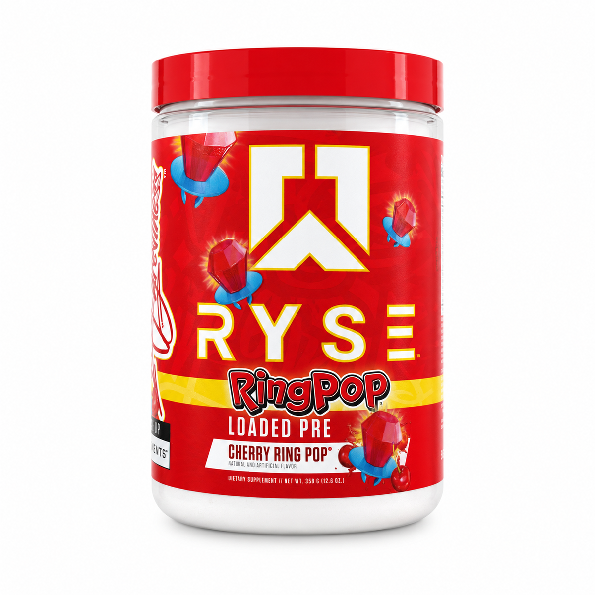 RYSE Loaded Pre — Cherry Ring Pop sobre fondo blanco
