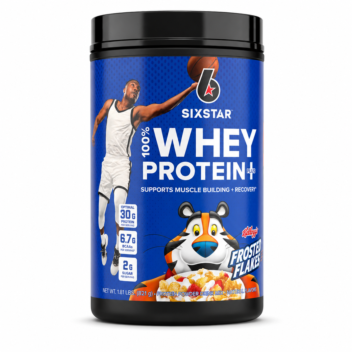 Six Star 100% Whey Protein Plus — Kellogg's Frosted Flakes sobre fondo blanco