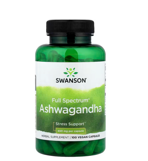 Swanson Full Spectrum Ashwagandha 450 mg sobre fondo blanco